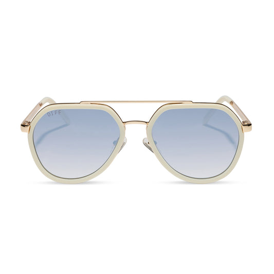 diff eyewear featuring the joey round sunglasses with a courtside ivory & gold metal frame with blue slate gradient flash lenses front view