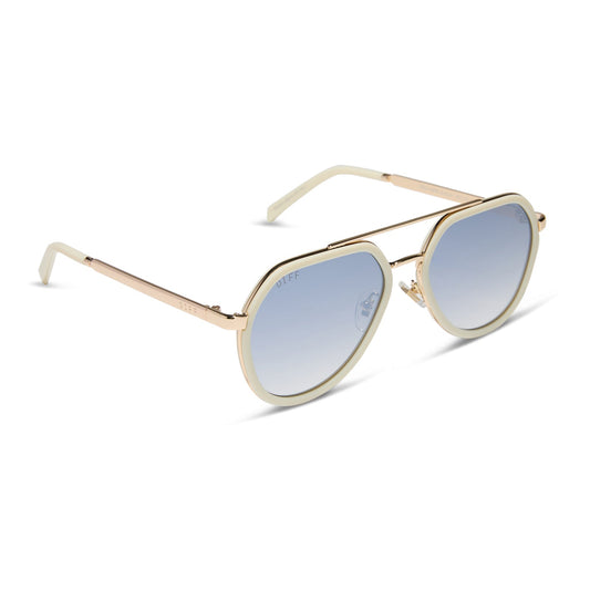 diff eyewear featuring the joey round sunglasses with a courtside ivory & gold metal frame with blue slate gradient flash lenses angled view