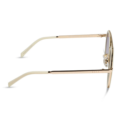 diff eyewear featuring the joey round sunglasses with a courtside ivory & gold metal frame with blue slate gradient flash lenses side view
