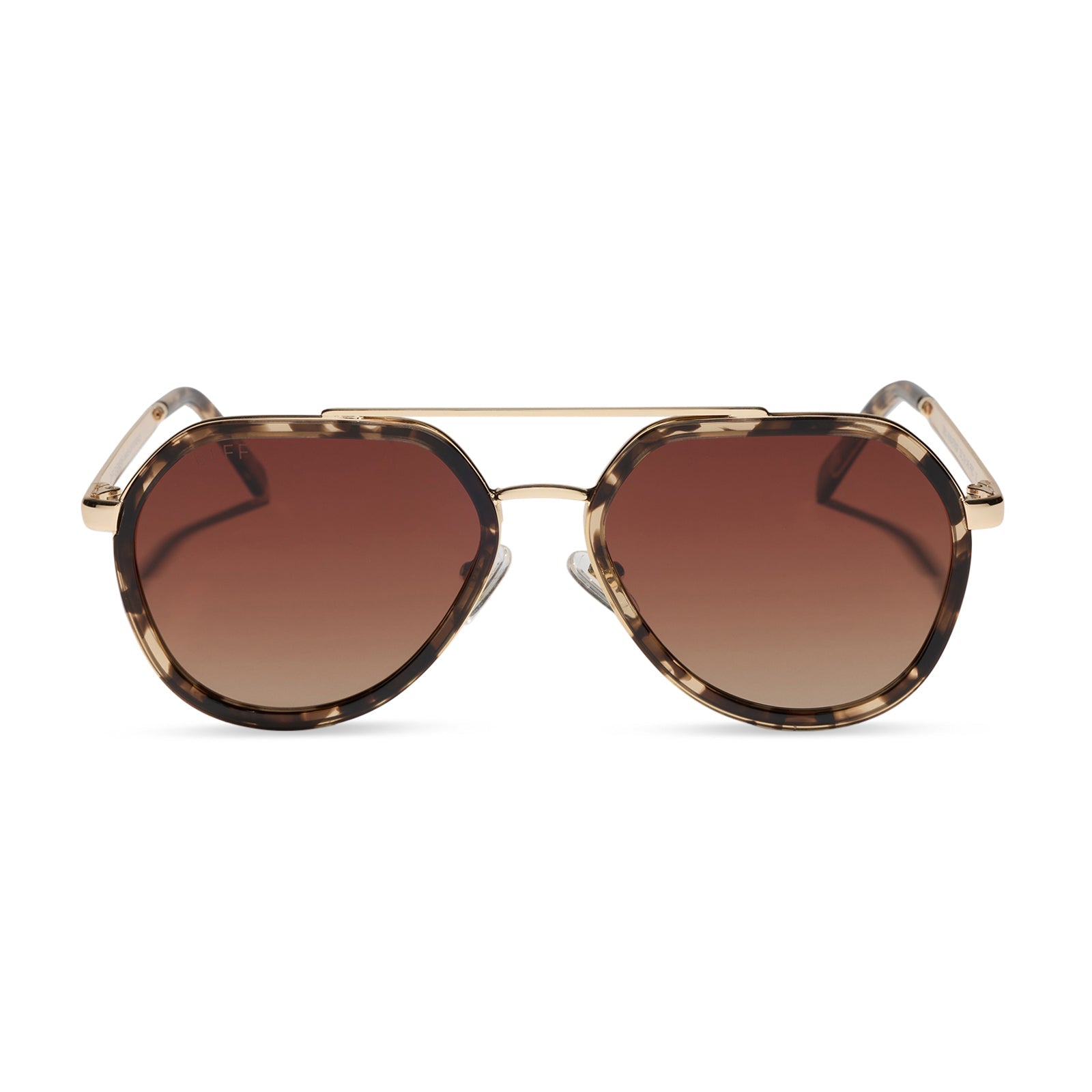 diff eyewear featuring the joey round sunglasses with a espresso tort & gold metal frame with brown gradient polarized lenses front view