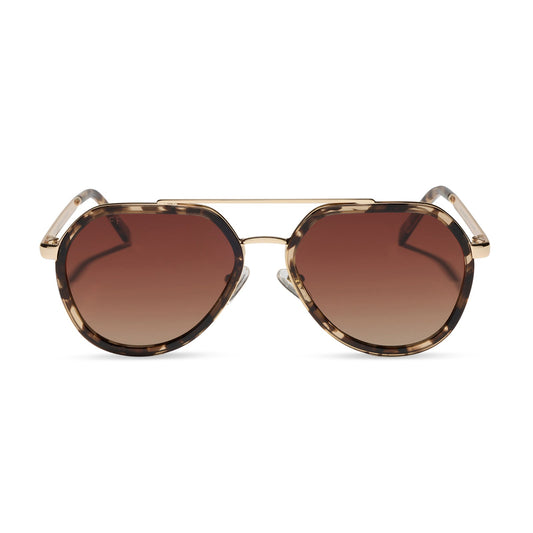 diff eyewear featuring the joey round sunglasses with a espresso tort & gold metal frame with brown gradient polarized lenses front view
