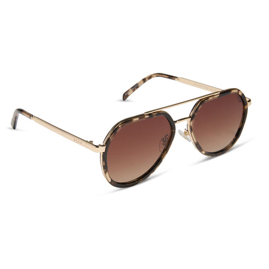 diff eyewear featuring the joey round sunglasses with a espresso tort & gold metal frame with brown gradient polarized lenses angled view