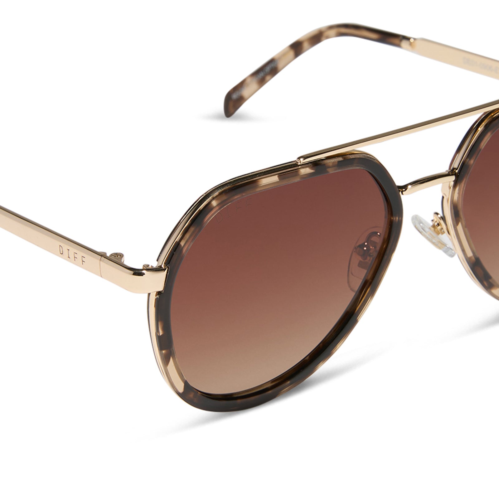 diff eyewear featuring the joey round sunglasses with a espresso tort & gold metal frame with brown gradient polarized lenses detailed view