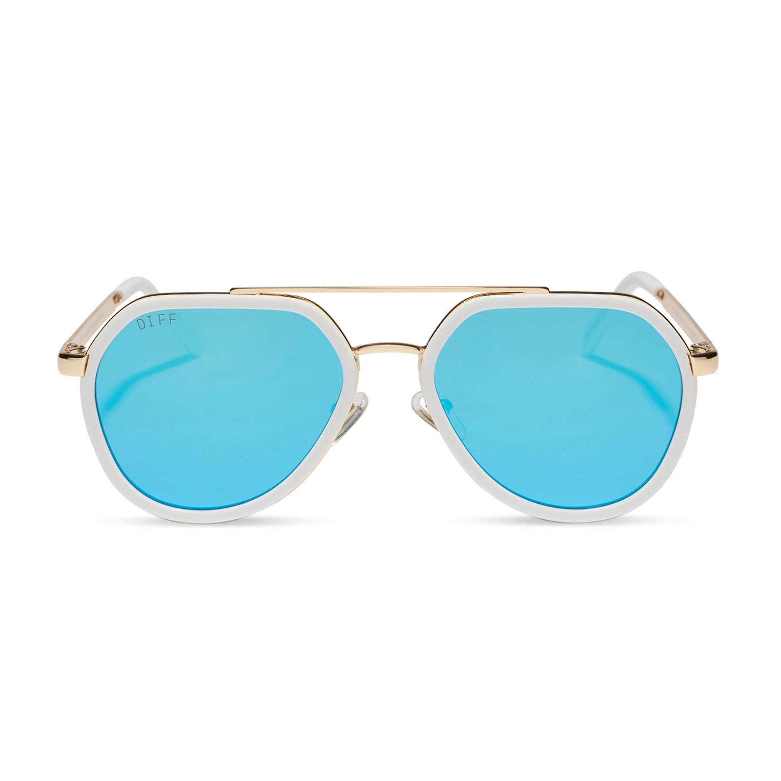 diff eyewear featuring the joey round sunglasses with a snowbound & gold metal frame with blue mirror lenses front view