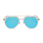diff eyewear featuring the joey round sunglasses with a snowbound & gold metal frame with blue mirror lenses front view
