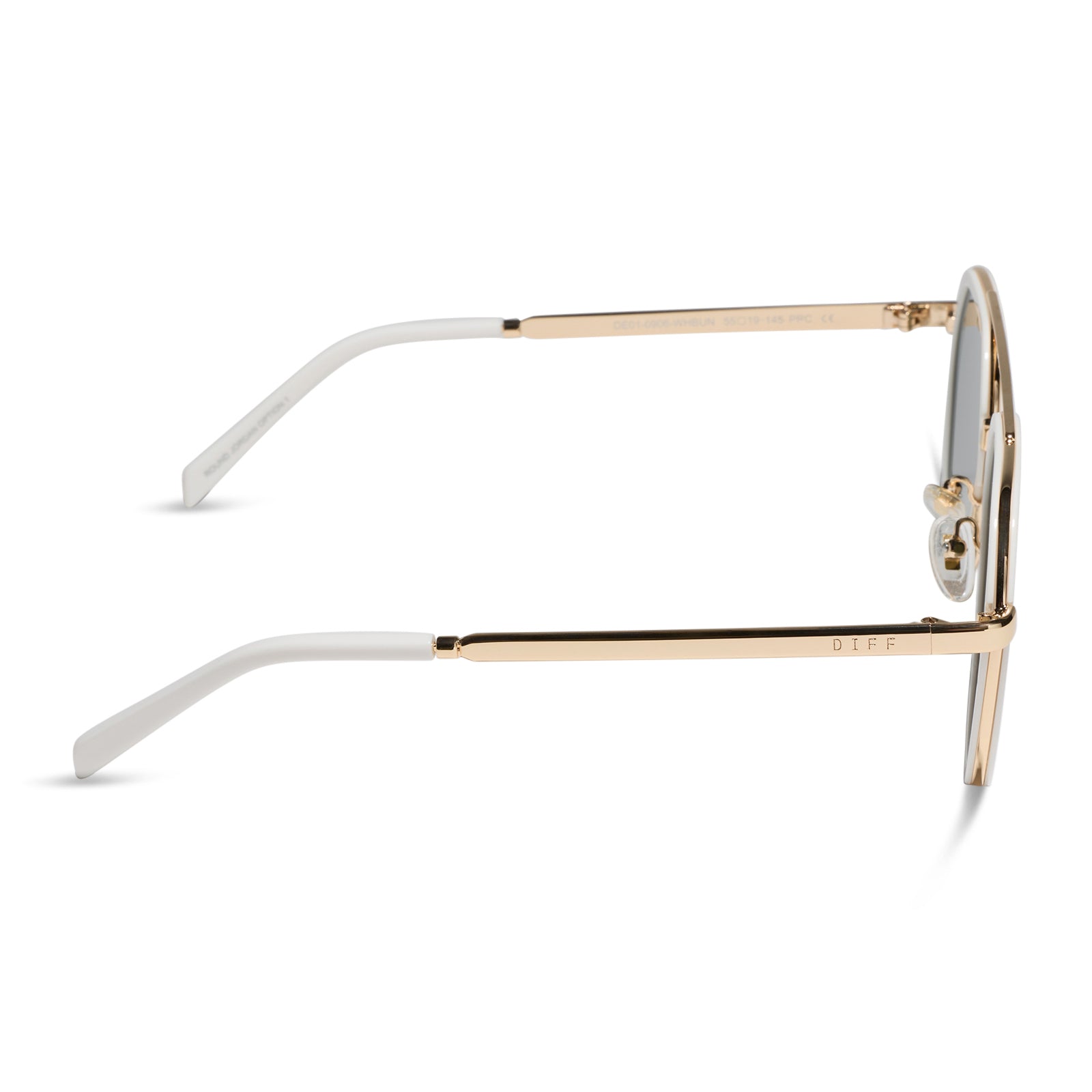diff eyewear featuring the joey round sunglasses with a snowbound & gold metal frame with blue mirror lenses side view