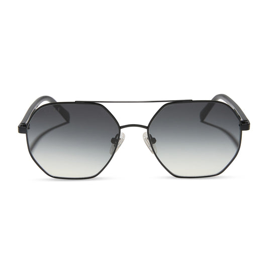 jojo fletcher x diff eyewear joelle navigator sunglasses with a black metal frame and grey gradient polarized lenses front view