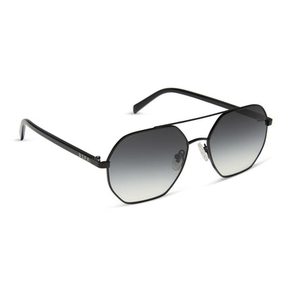 jojo fletcher x diff eyewear joelle navigator sunglasses with a black metal frame and grey gradient polarized lenses angled view
