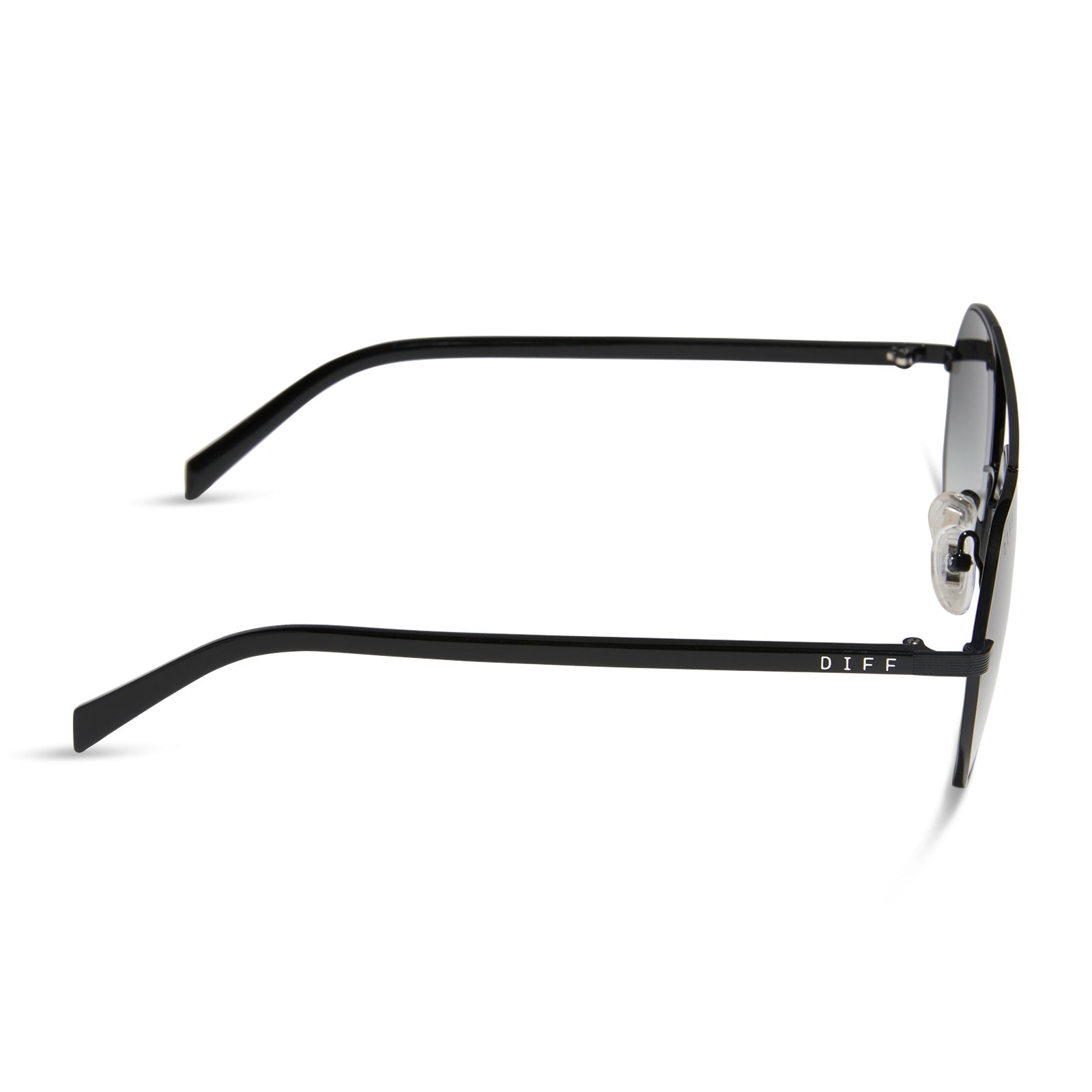 jojo fletcher x diff eyewear joelle navigator sunglasses with a black metal frame and grey gradient polarized lenses side view