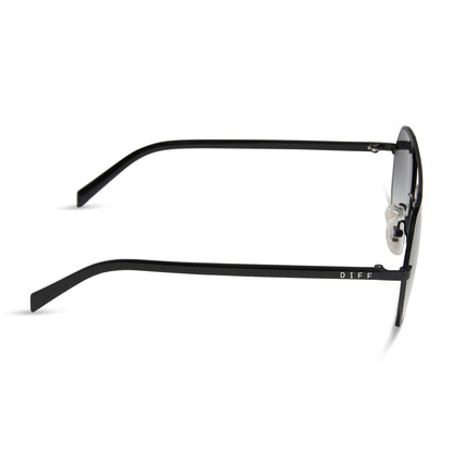 jojo fletcher x diff eyewear joelle navigator sunglasses with a black metal frame and grey gradient polarized lenses side view