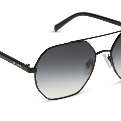 jojo fletcher x diff eyewear joelle navigator sunglasses with a black metal frame and grey gradient polarized lenses detailed view