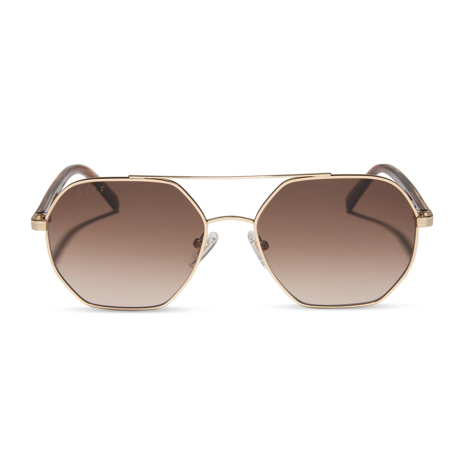 jojo fletcher x diff eyewear joelle navigator sunglasses with a gold metal and horn tortoise temples with brown gradient lenses front view