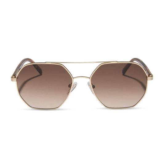 jojo fletcher x diff eyewear joelle navigator sunglasses with a gold metal and horn tortoise temples with brown gradient lenses front view