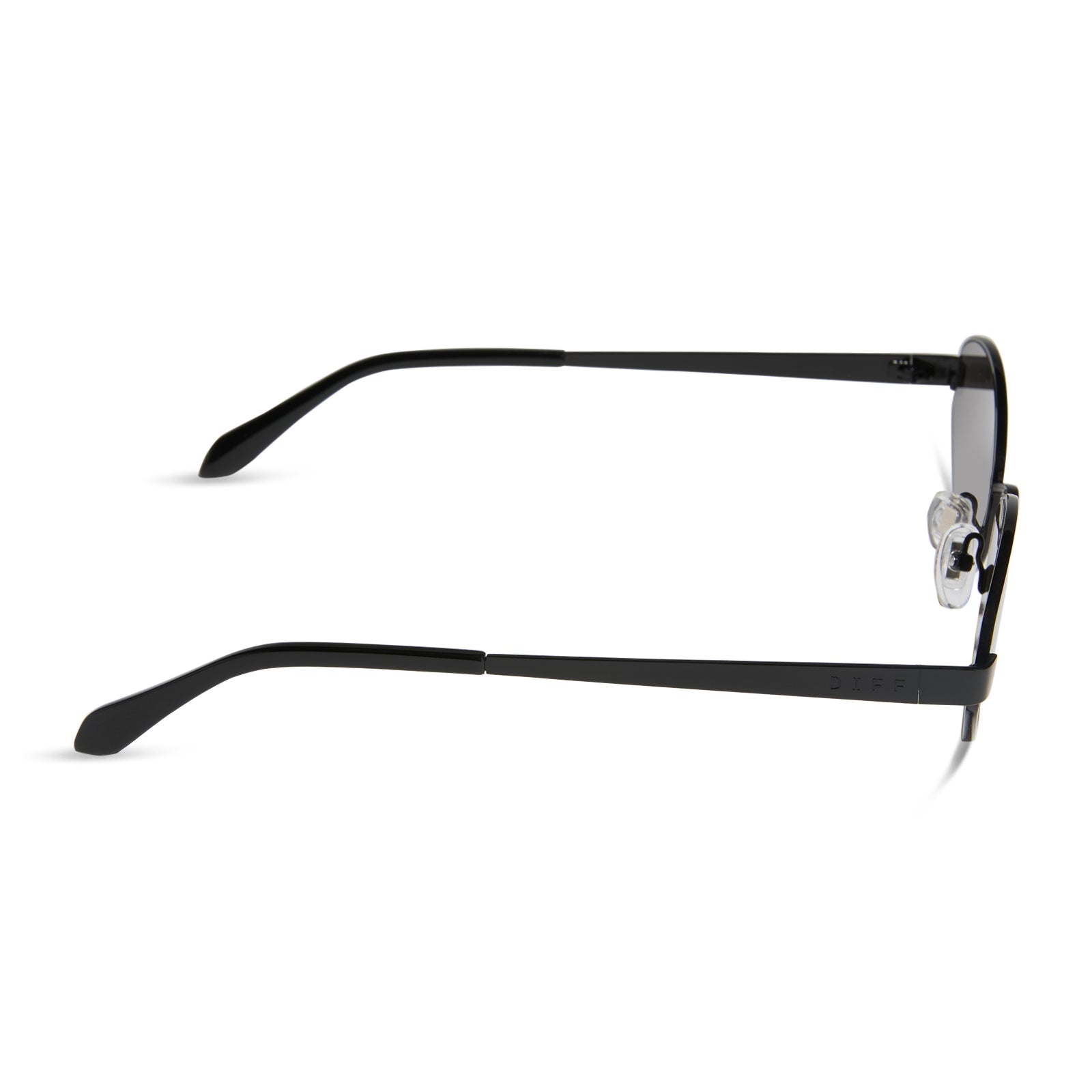 jojo fletcher x diff eyewear jordy cat eye sunglasses with a black metal frame and grey polarized lenses side view