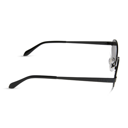jojo fletcher x diff eyewear jordy cat eye sunglasses with a black metal frame and grey polarized lenses side view