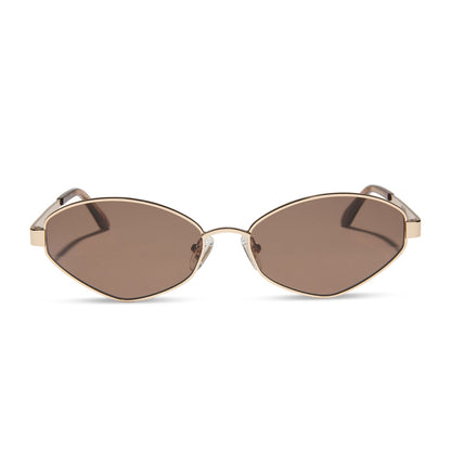 jojo fletcher x diff eyewear jordy cat eye sunglasses with a gold metal frame horn tortoise temples and brown lenses front view