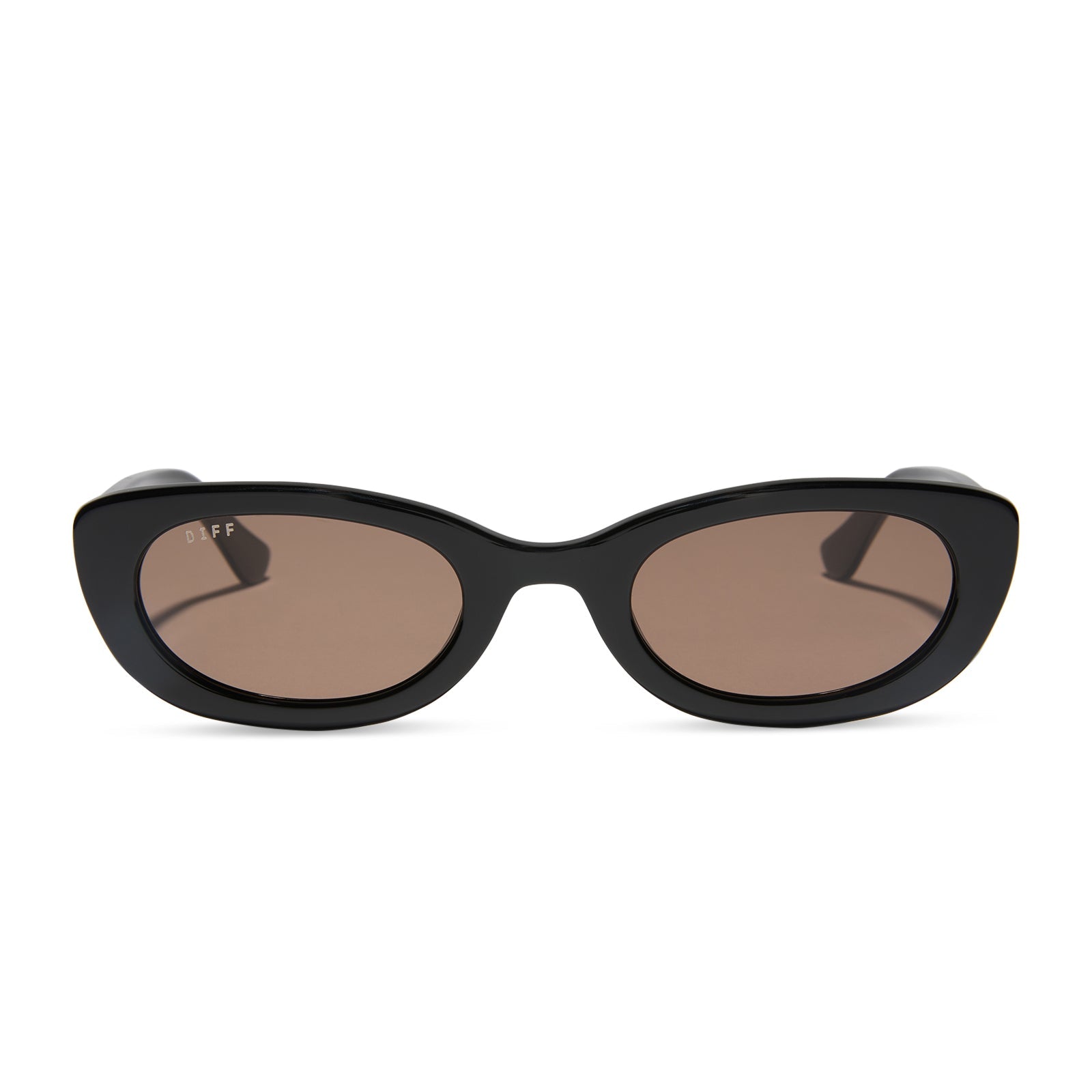 jojo fletcher x diff eyewear jordy round cat eye sunglasses with a black acetate frame and brown lenses front view