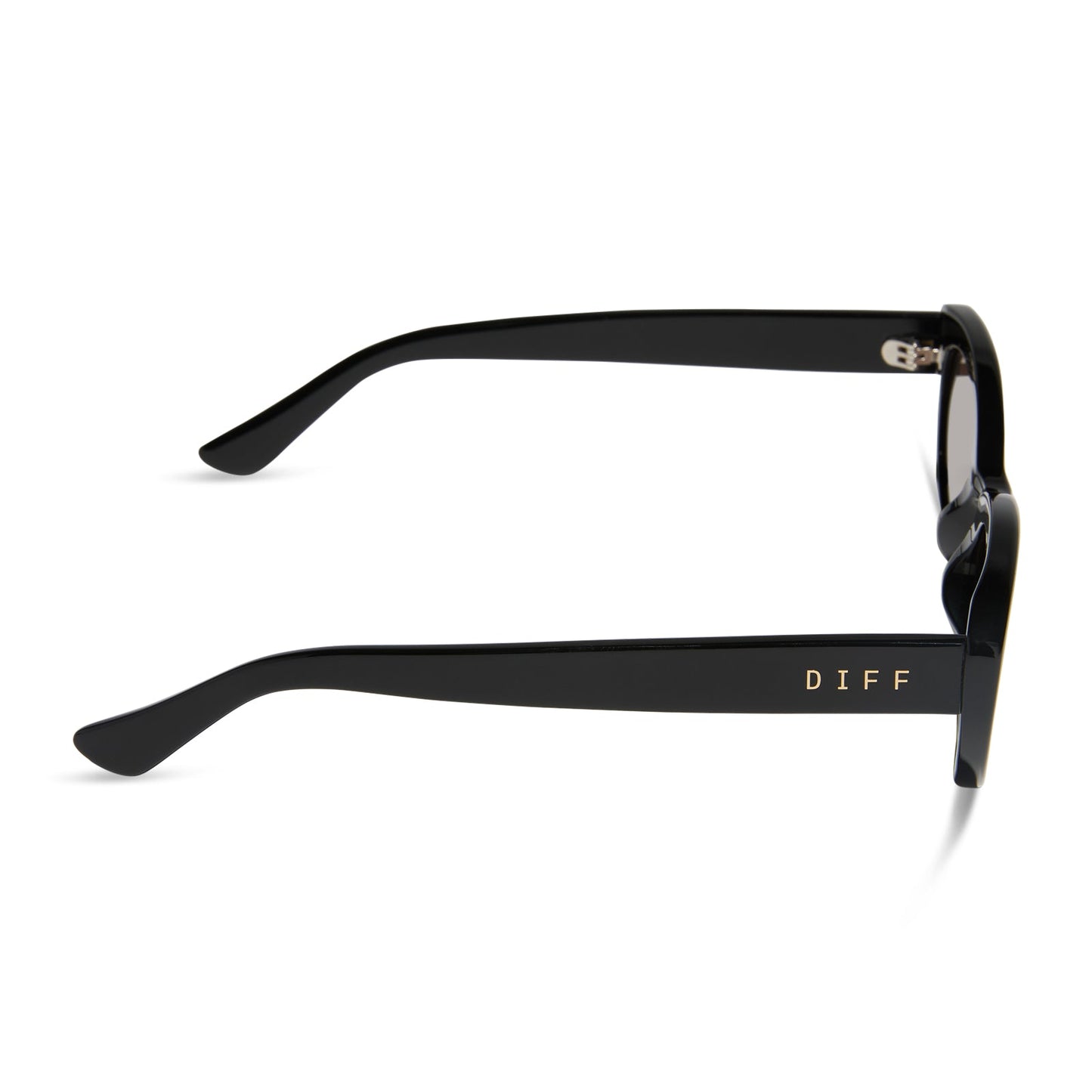 jojo fletcher x diff eyewear jordy round cat eye sunglasses with a black acetate frame and brown lenses side view