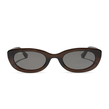 jojo fletcher x diff eyewear jordy round cat eye sunglasses with a chocolate crystal acetate frame and grey polarized lenses front view