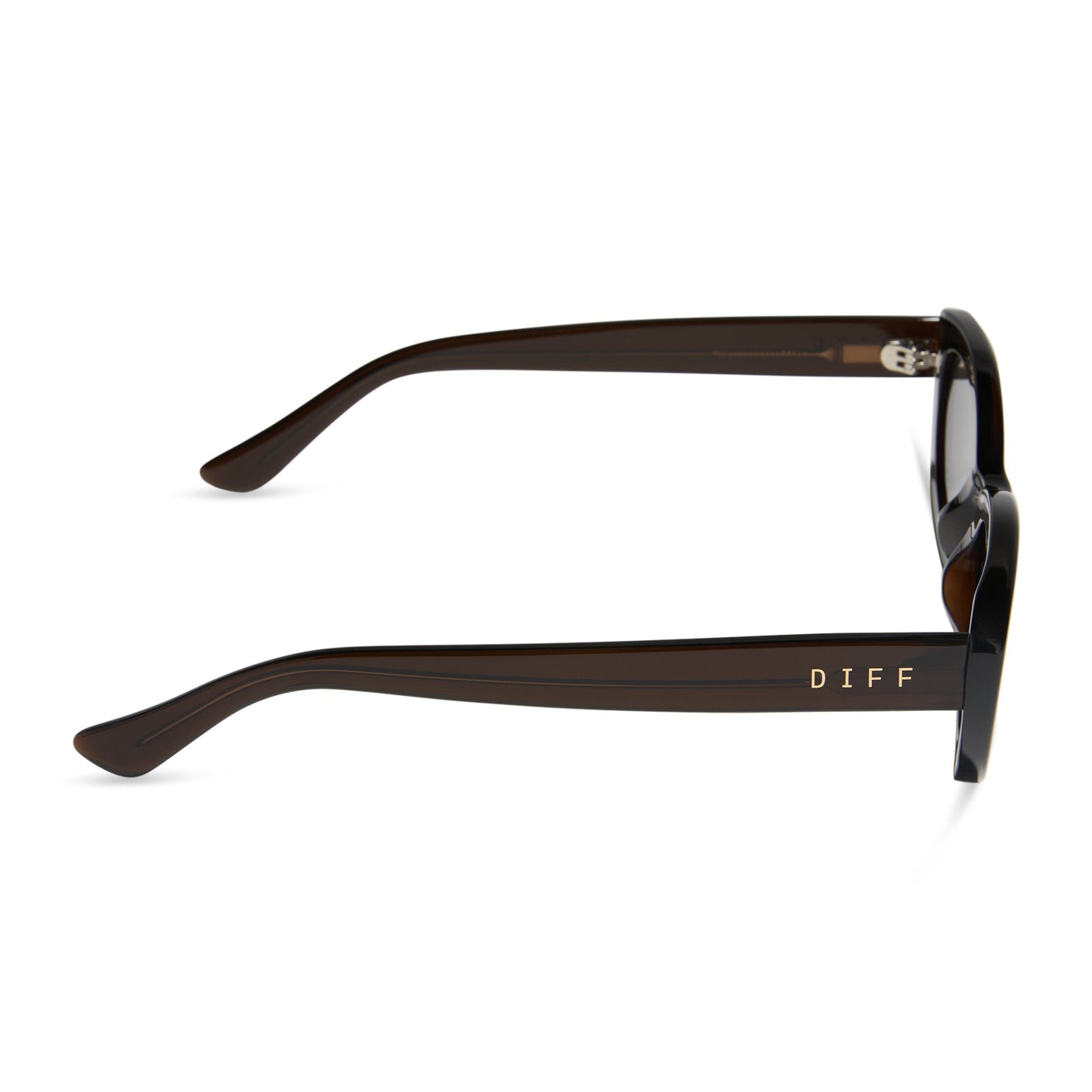 jojo fletcher x diff eyewear jordy round cat eye sunglasses with a chocolate crystal acetate frame and grey polarized lenses side view