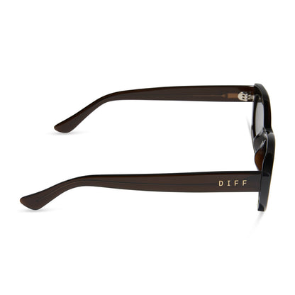 jojo fletcher x diff eyewear jordy round cat eye sunglasses with a chocolate crystal acetate frame and grey polarized lenses side view