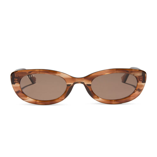 jojo fletcher x diff eyewear jordy round cat eye sunglasses with a horn tortoise acetate frame and brown lenses front view