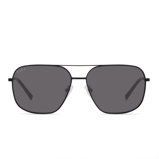 diff eyewear jonas aviators in a black frame and solid grey polarized lens front view