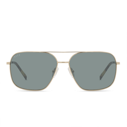 diff eyewear jonas aviators with a gold frame and g15 polarized lens front view