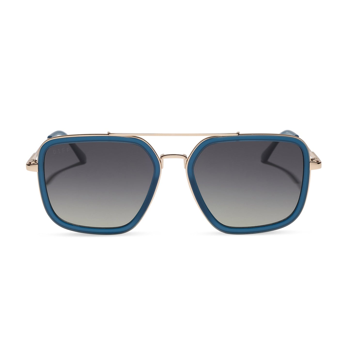 diff eyewear featuring the jordan navigator sunglasses with a clubhouse blue frame and gold metal with grey gradient polarized lenses front view