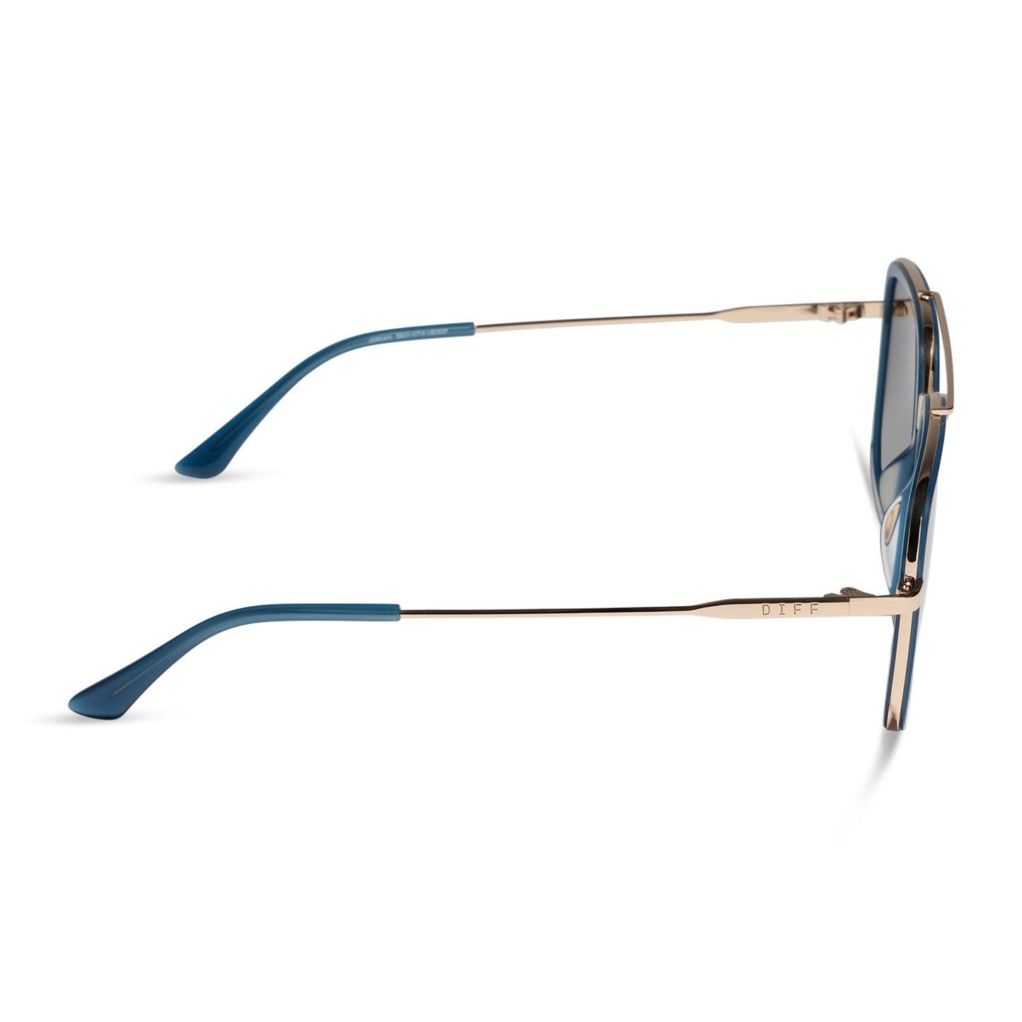 diff eyewear featuring the jordan navigator sunglasses with a clubhouse blue frame and gold metal with grey gradient polarized lenses side view