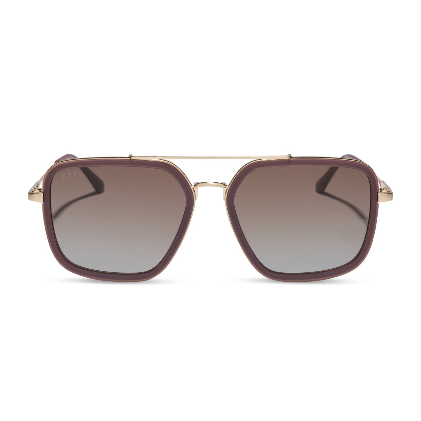 diff eyewear jordan navigator sunglasses with a cocoa powder brown frame, gold temples, and coca powder to baby blue gradient lenses front view