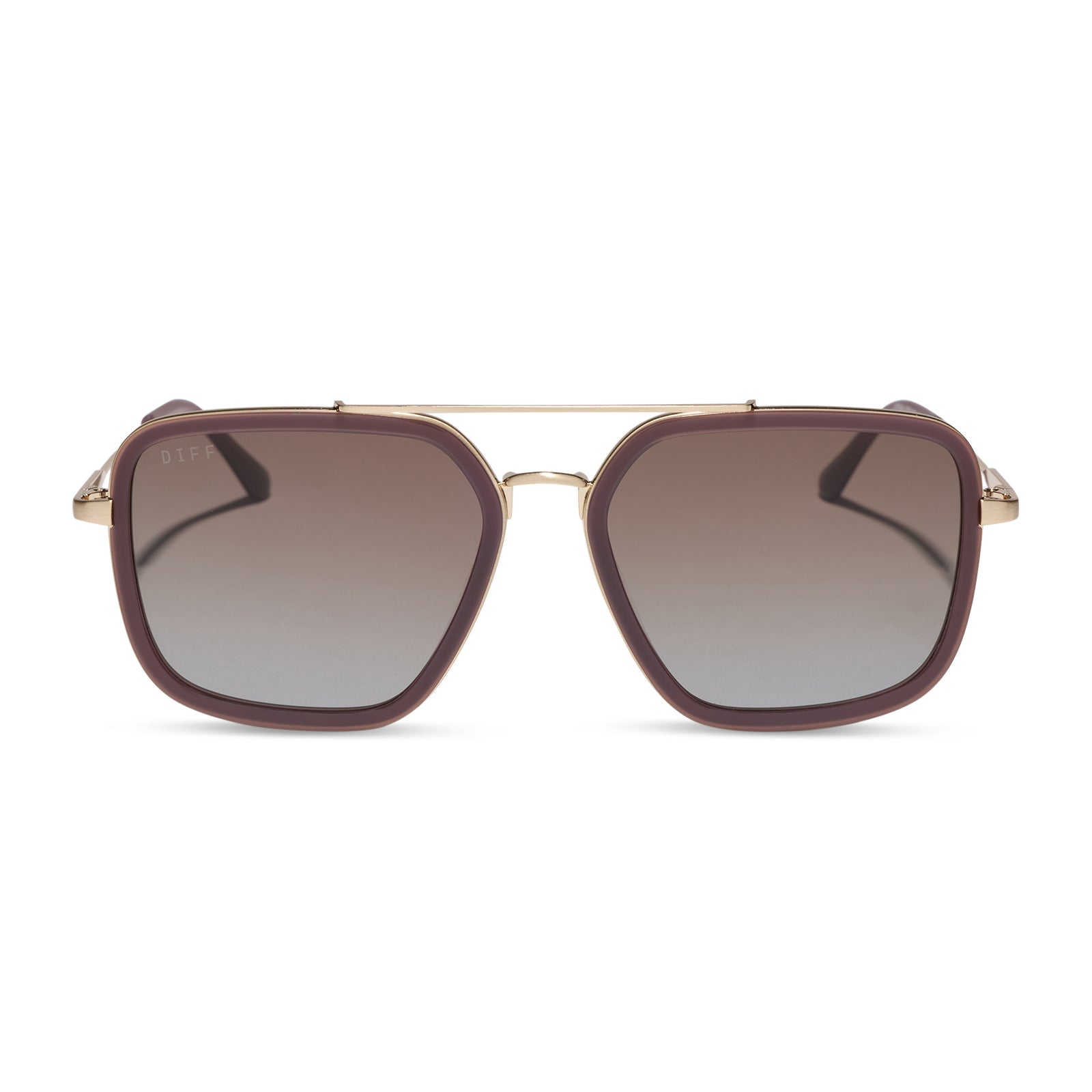 diff eyewear jordan navigator sunglasses with a cocoa powder brown frame, gold temples, and coca powder to baby blue gradient lenses front view