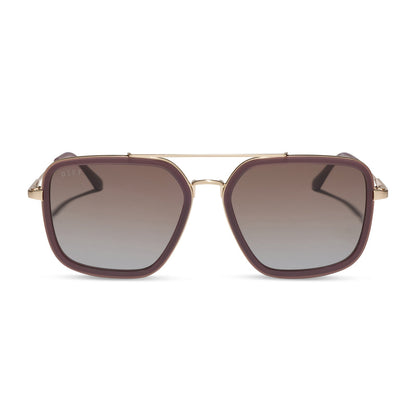 diff eyewear jordan navigator sunglasses with a cocoa powder brown frame, gold temples, and coca powder to baby blue gradient lenses front view