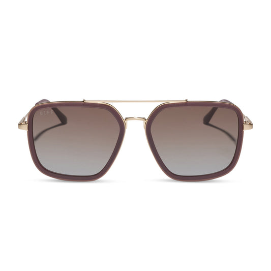 diff eyewear jordan navigator sunglasses with a cocoa powder brown frame, gold temples, and coca powder to baby blue gradient lenses front view