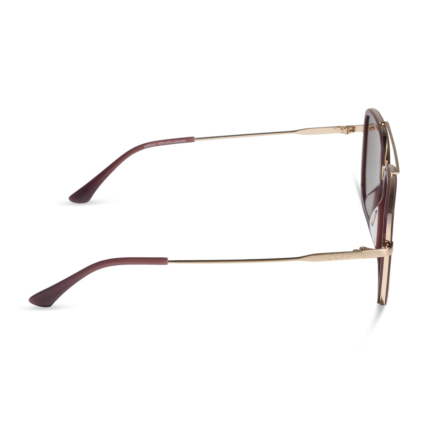 diff eyewear jordan navigator sunglasses with a cocoa powder brown frame, gold temples, and coca powder to baby blue gradient lenses side view