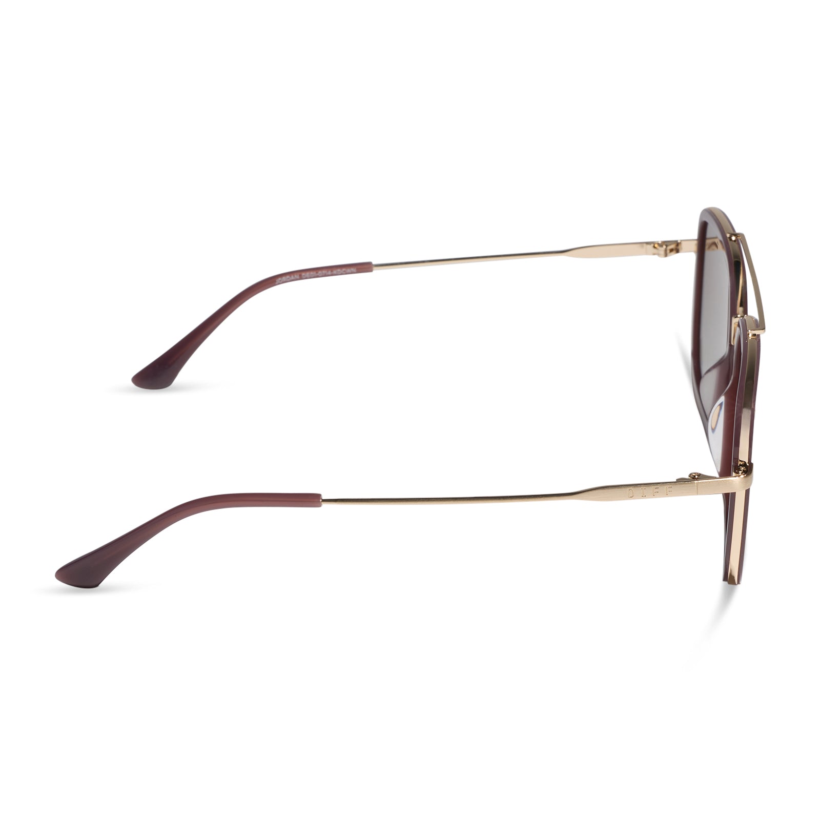 diff eyewear jordan navigator sunglasses with a cocoa powder brown frame, gold temples, and coca powder to baby blue gradient lenses side view