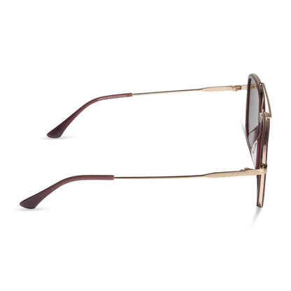 diff eyewear jordan navigator sunglasses with a cocoa powder brown frame, gold temples, and coca powder to baby blue gradient lenses side view