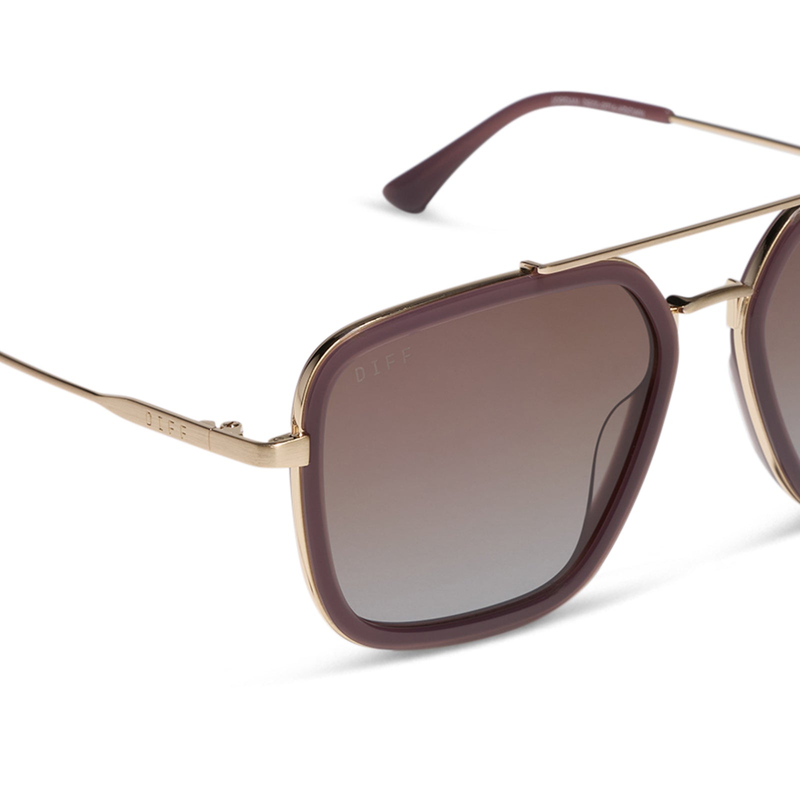 diff eyewear jordan navigator sunglasses with a cocoa powder brown frame, gold temples, and coca powder to baby blue gradient lenses detailed view