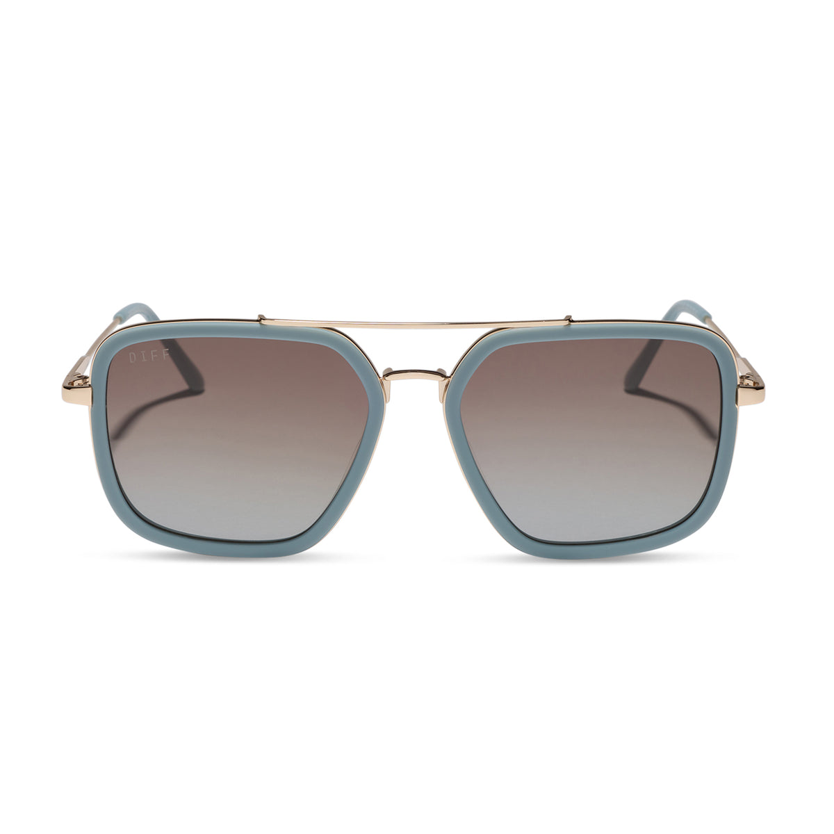 diff eyewear jordan navigator sunglasses with a dew drop and gold frame with cocoa powder to baby blue gradient lenses front view