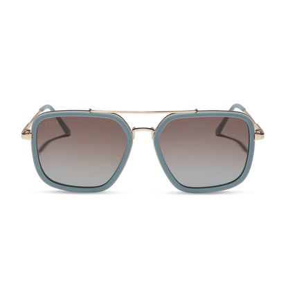 diff eyewear jordan navigator sunglasses with a dew drop and gold frame with cocoa powder to baby blue gradient lenses front view