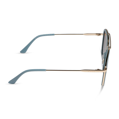 diff eyewear jordan navigator sunglasses with a dew drop and gold frame with cocoa powder to baby blue gradient lenses side view