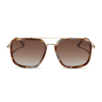 diff eyewear jordan navigator sunglasses with a dove tortoise brown frame, gold temples, and brown gradient polarized lenses front view