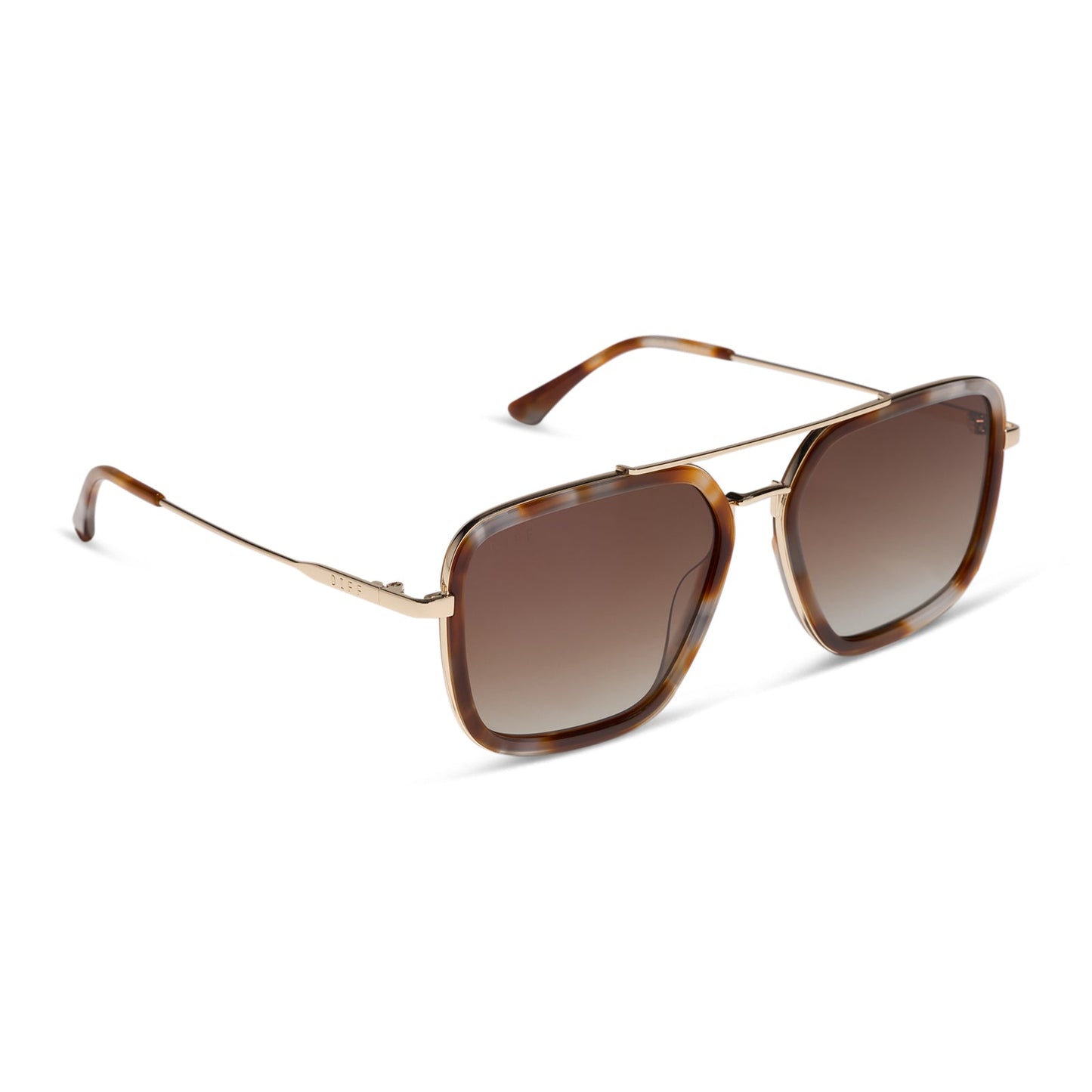 diff eyewear jordan navigator sunglasses with a dove tortoise brown frame, gold temples, and brown gradient polarized lenses angled view