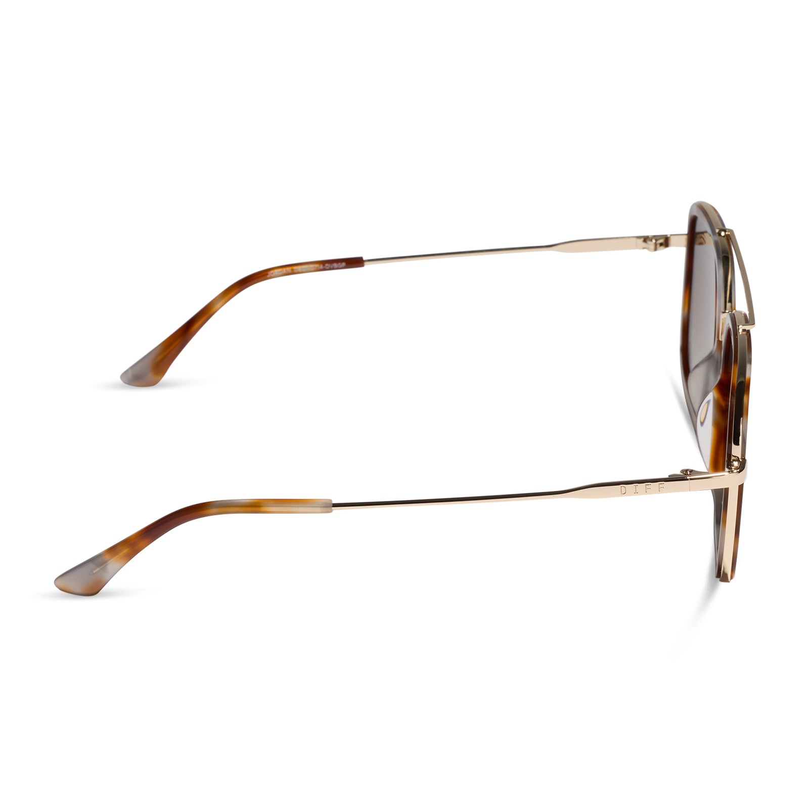 diff eyewear jordan navigator sunglasses with a dove tortoise brown frame, gold temples, and brown gradient polarized lenses side view