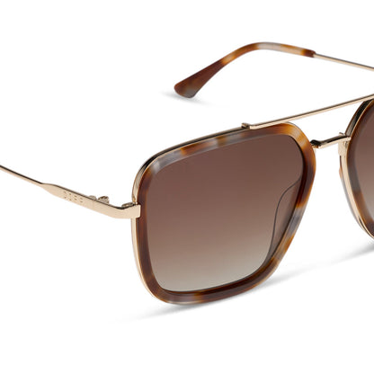 diff eyewear jordan navigator sunglasses with a dove tortoise brown frame, gold temples, and brown gradient polarized lenses detailed view