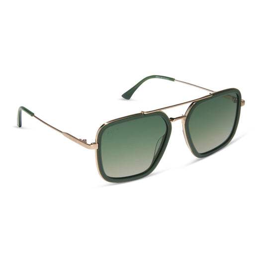 diff eyewear featuring the jordan navigator sunglasses with a fairway green and gold metal frame with aloe green gradient polarized lenses angled view