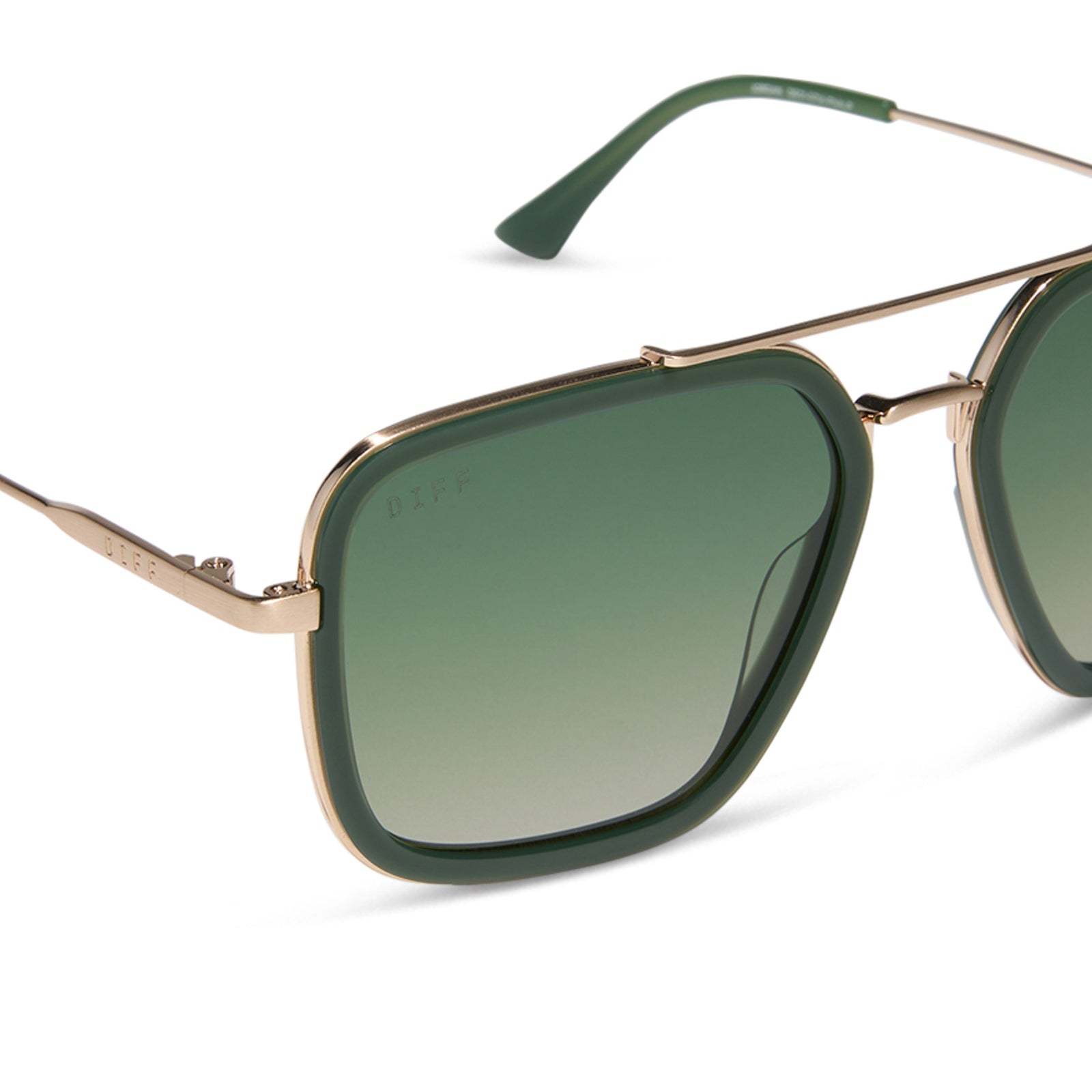 diff eyewear featuring the jordan navigator sunglasses with a fairway green and gold metal frame with aloe green gradient polarized lenses detailed view