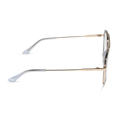 diff eyewear featuring the jordan navigator prescription glasses with a gold frame, clear crystal temple tips side view