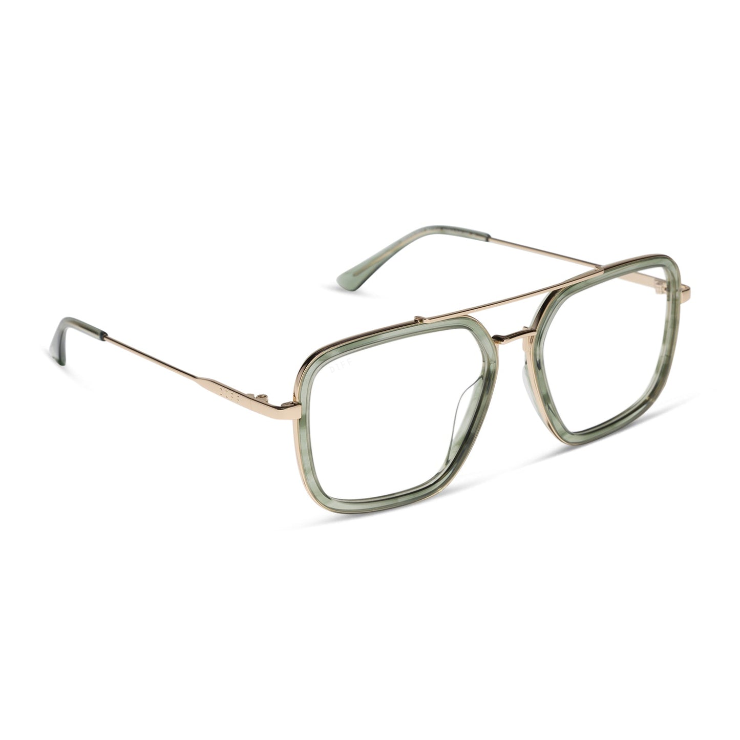 diff eyewear featuring the jordan navigator glasses with a match and gold frame angled view