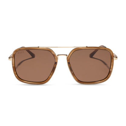 diff eyewear jordan navigator sunglasses with a tortoise frame, gold temples, and brown lenses front view